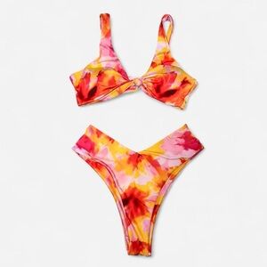 Abstract Floral Bikini Set Small Pink Yellow Orange High Cut Swim